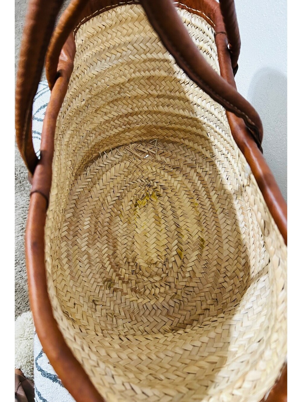 Medina Mercantile Woven Straw French Market Basket Leather Handle Tote AS IS - Picture 7 of 9